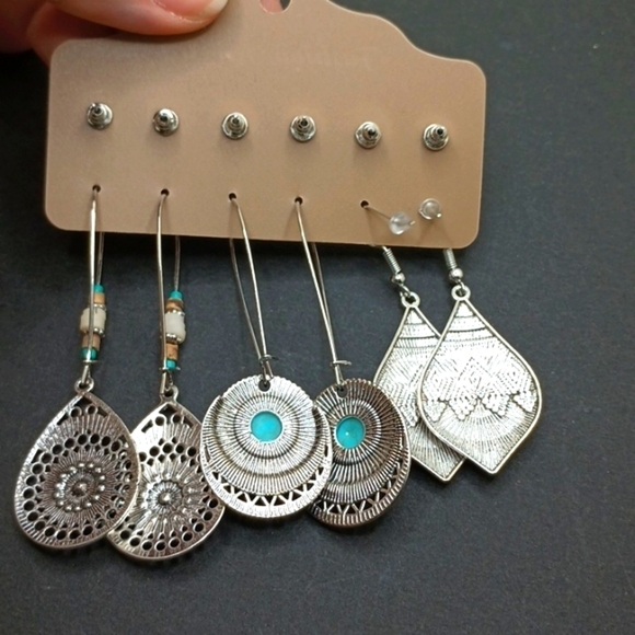 SILVER turquoise boho spear studs earring bundle - Picture 3 of 4